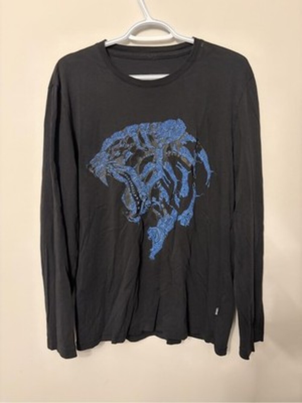 Just Cavalli Men's Black Long-Sleeve Graphic Tee with Blue Tiger Design
